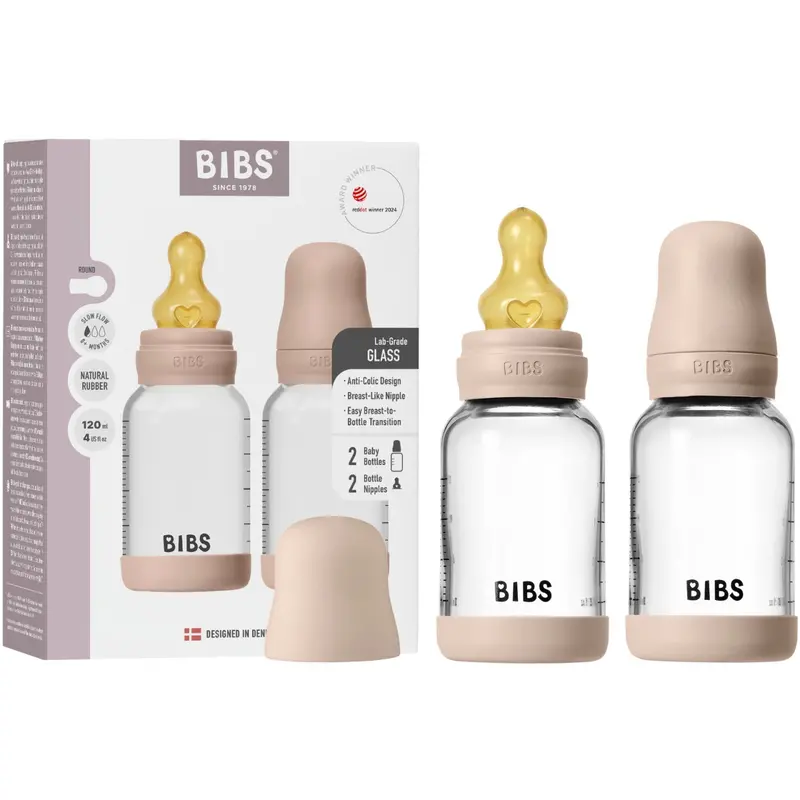 Bibs Blush Glass Baby Flaske Round Latex 2-Pak 120 Ml Slow Flow 1
