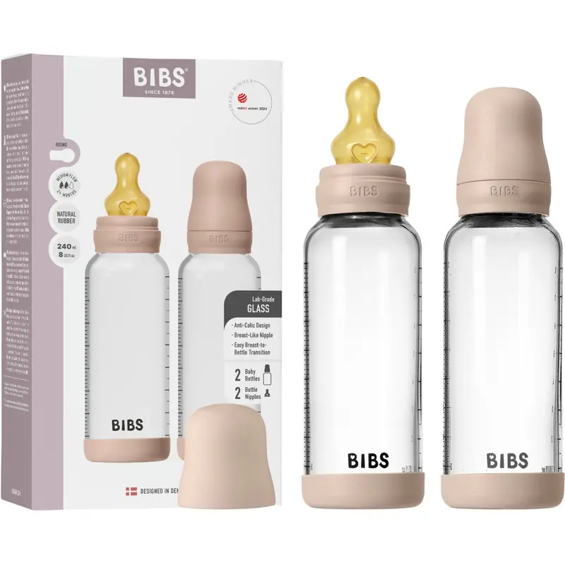 Bibs Blush Glass Baby Flaske Round Latex 2-Pak 240 Ml Medium Flow 1