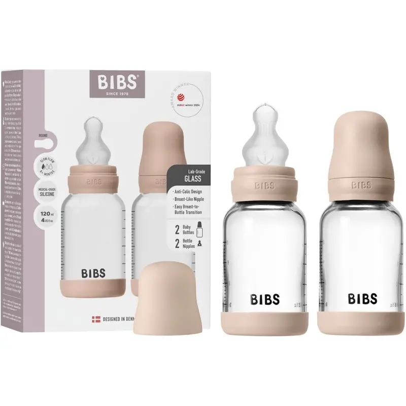 Bibs Blush Glass Baby Flaske Round Silikone 2-Pak 120 Ml Slow Flow 1
