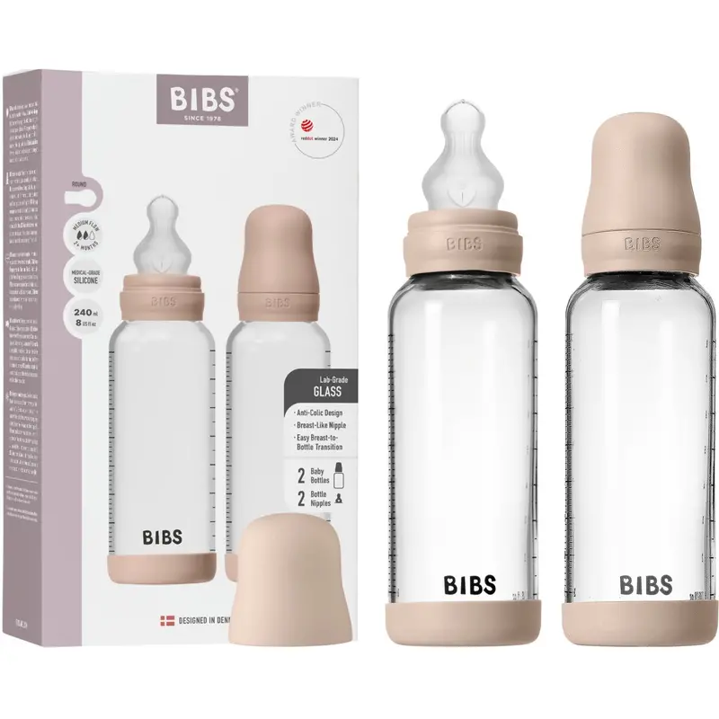 Bibs Blush Glass Baby Flaske Round Silikone 2-Pak 240 Ml Medium Flow 1
