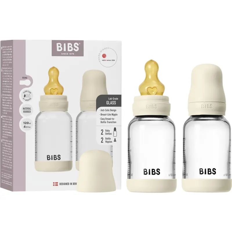 Bibs Ivory Glass Baby Flaske Round Latex 2-Pak 120 Ml Slow Flow 1