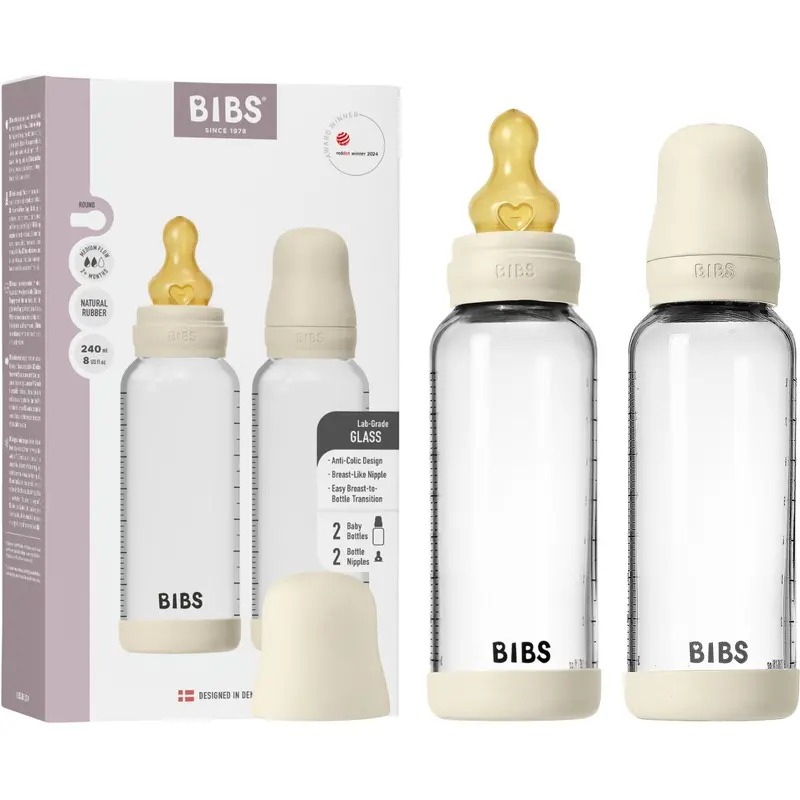 Bibs Ivory Glass Baby Flaske Round Latex 2-Pak 240 Ml Medium Flow 1