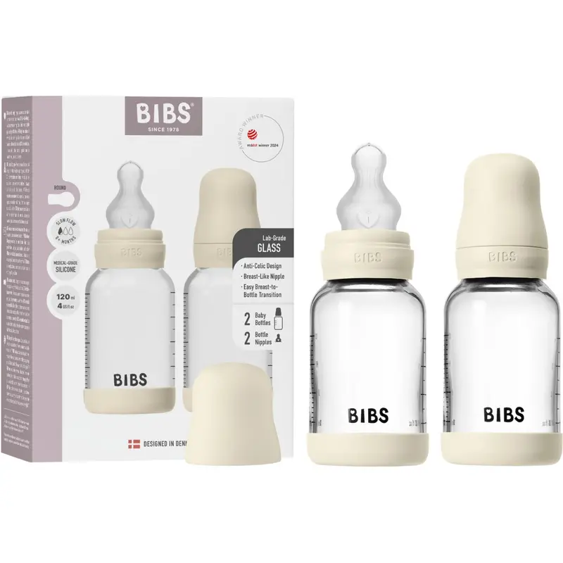 Bibs Ivory Glass Baby Flaske Round Silikone 2-Pak 120 Ml Slow Flow 1