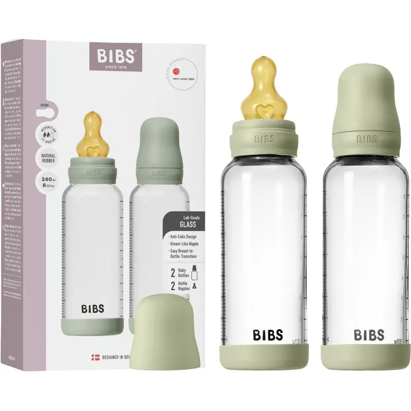 Bibs Sage Glass Baby Flaske Round Latex 2-Pak 240 Ml Medium Flow 1