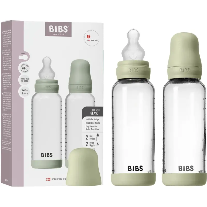 Bibs Sage Glass Baby Flaske Round Silikone 2-Pak 240 Ml Medium Flow 1