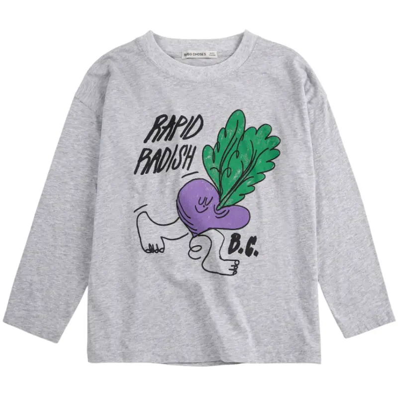 Bobo Choses Heather Grey Rapid Radish Long Sleeve T-Shirt 1