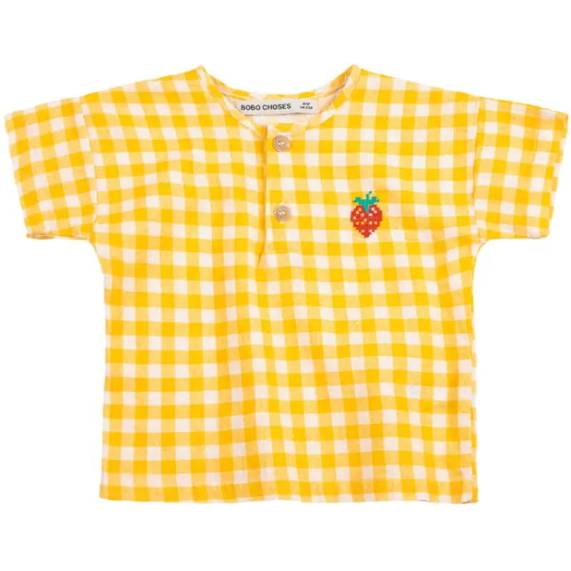 Bobo Choses Yellow Pixel Strawberry Vichy Woven Bluse 1