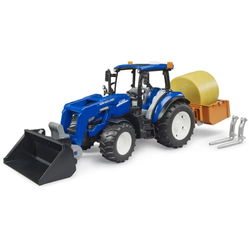 Bruder New Holland T5.120 Med Slip-On Frontlæsser, Tømningskasse Og Gafler. 1