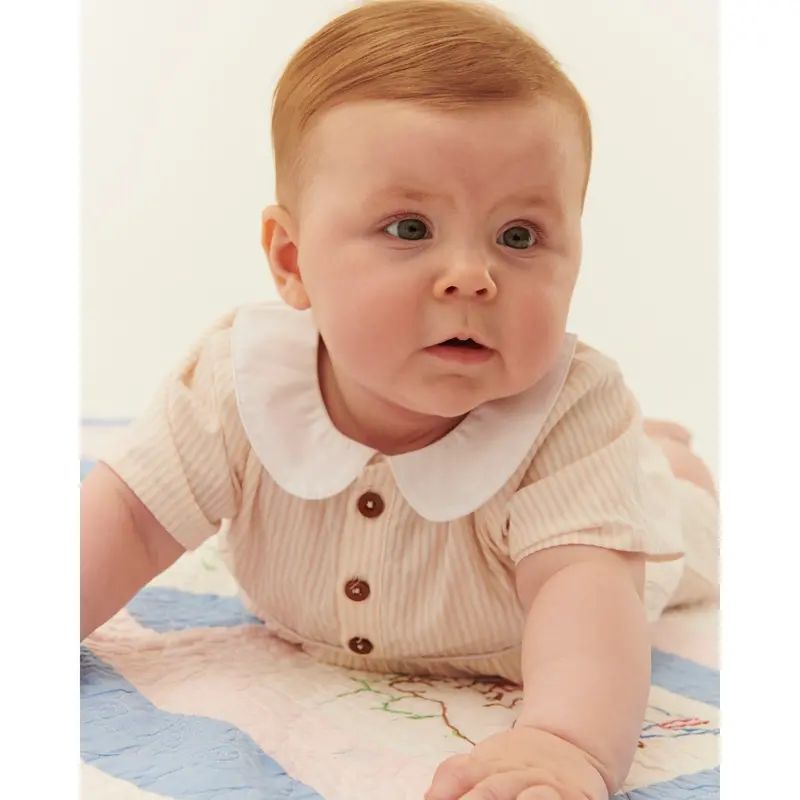 Copenhagen Colors Dusty Rose W Cream Stripe Seersucker Romper W. Krave 2