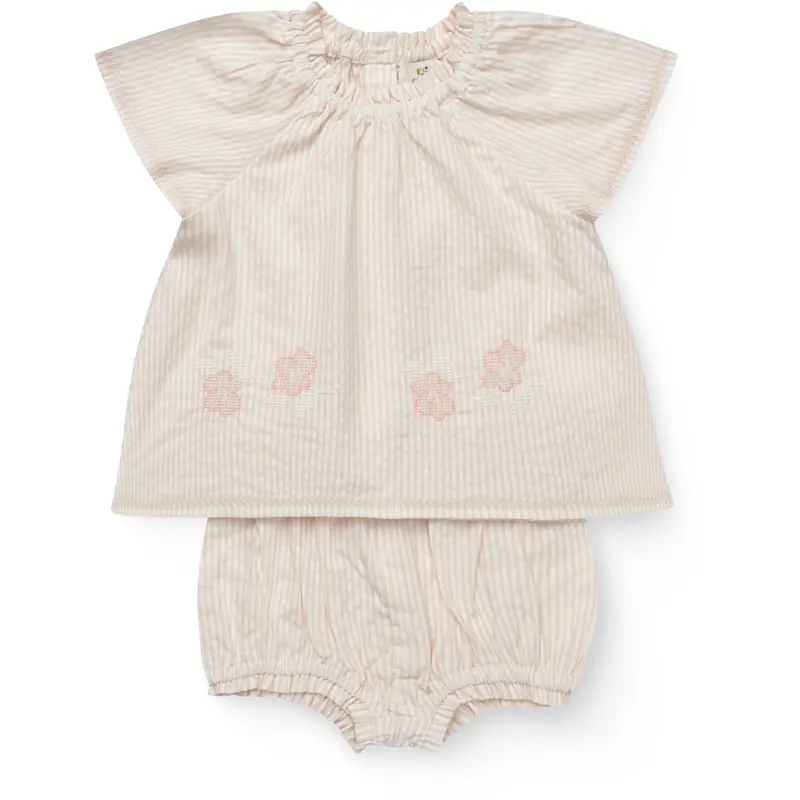 Copenhagen Colors Dusty Rose W Cream Stripe W. Flower Seersucker Baby-Set W. Embroidery 1