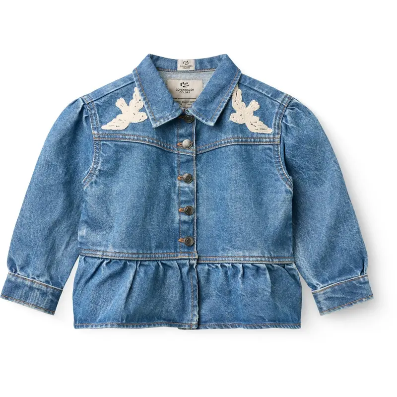 Copenhagen Colors Indigo Blue Washed Denim Flæse Jakke W. Crochet Doves 11