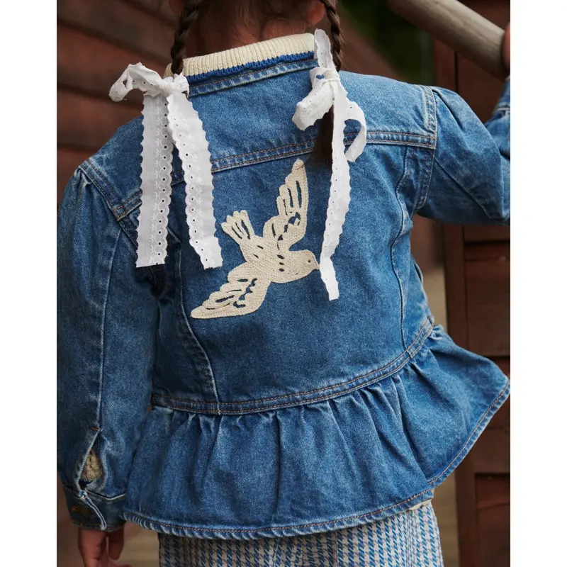 Copenhagen Colors Indigo Blue Washed Denim Flæse Jakke W. Crochet Doves 5