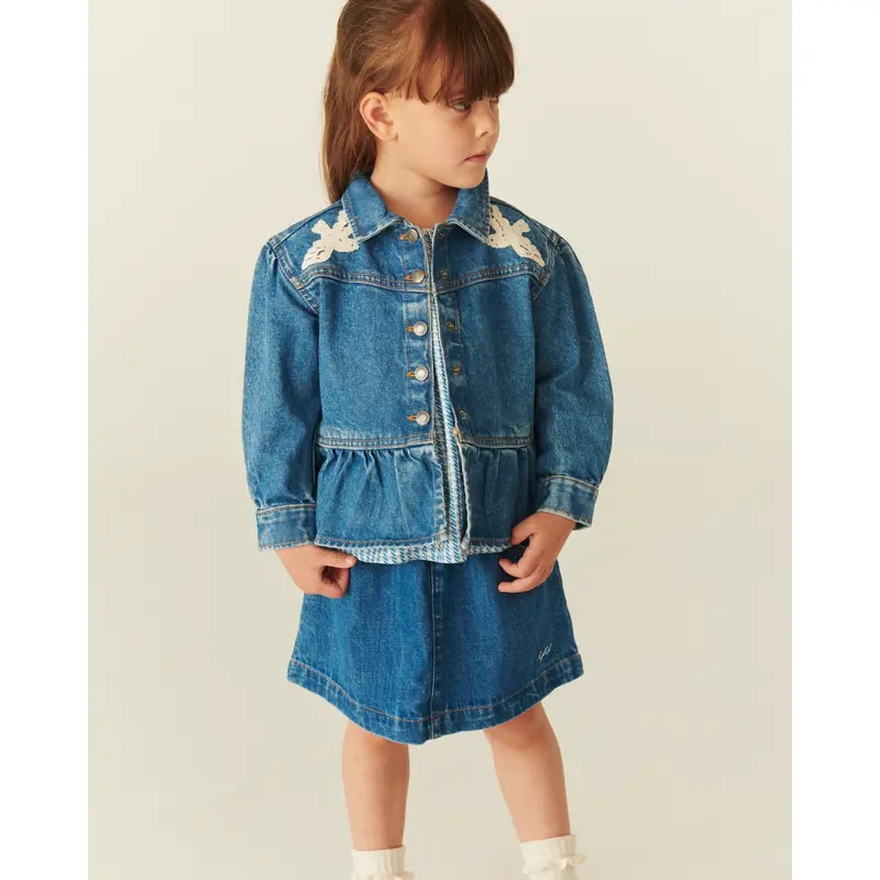 Copenhagen Colors Indigo Blue Washed Denim Flæse Jakke W. Crochet Doves 6
