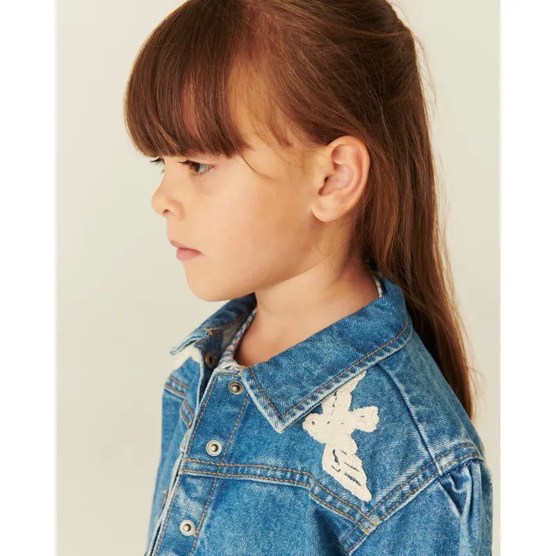 Copenhagen Colors Indigo Blue Washed Denim Flæse Jakke W. Crochet Doves 7