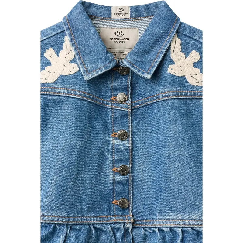 Copenhagen Colors Indigo Blue Washed Denim Flæse Jakke W. Crochet Doves 9