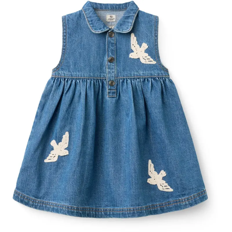 Copenhagen Colors Indigo Blue Washed Denim Kjole W. Crochet Doves 1