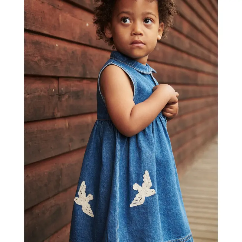 Copenhagen Colors Indigo Blue Washed Denim Kjole W. Crochet Doves 2