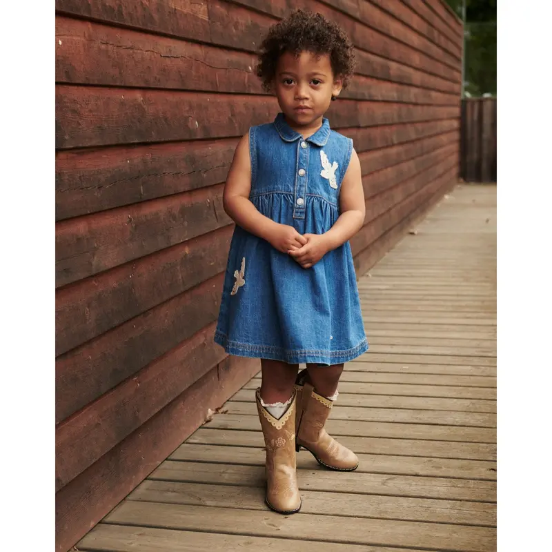 Copenhagen Colors Indigo Blue Washed Denim Kjole W. Crochet Doves 3