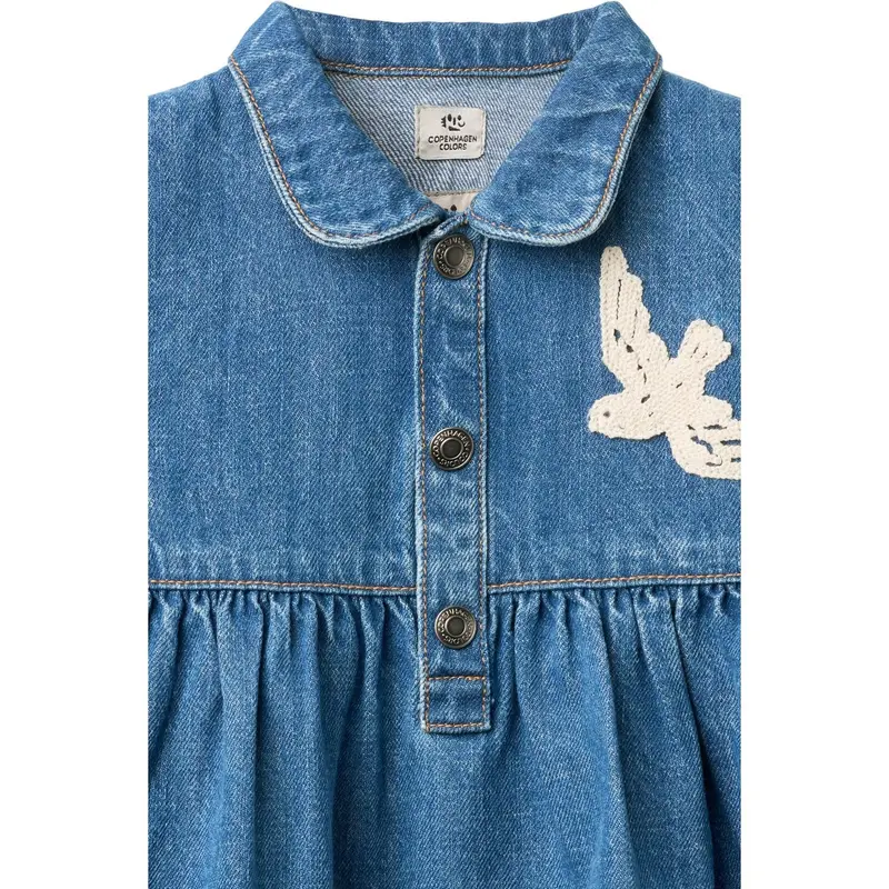 Copenhagen Colors Indigo Blue Washed Denim Kjole W. Crochet Doves 8