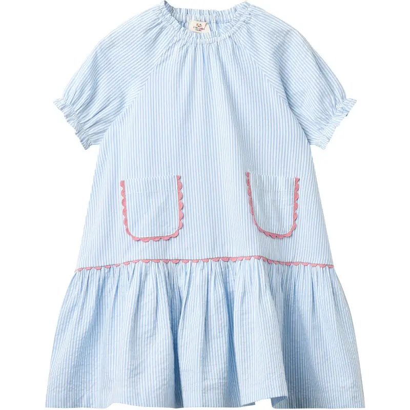 Copenhagen Colors Sky Blue W Cream Stripe Seersucker Kjole W. Pockets 1
