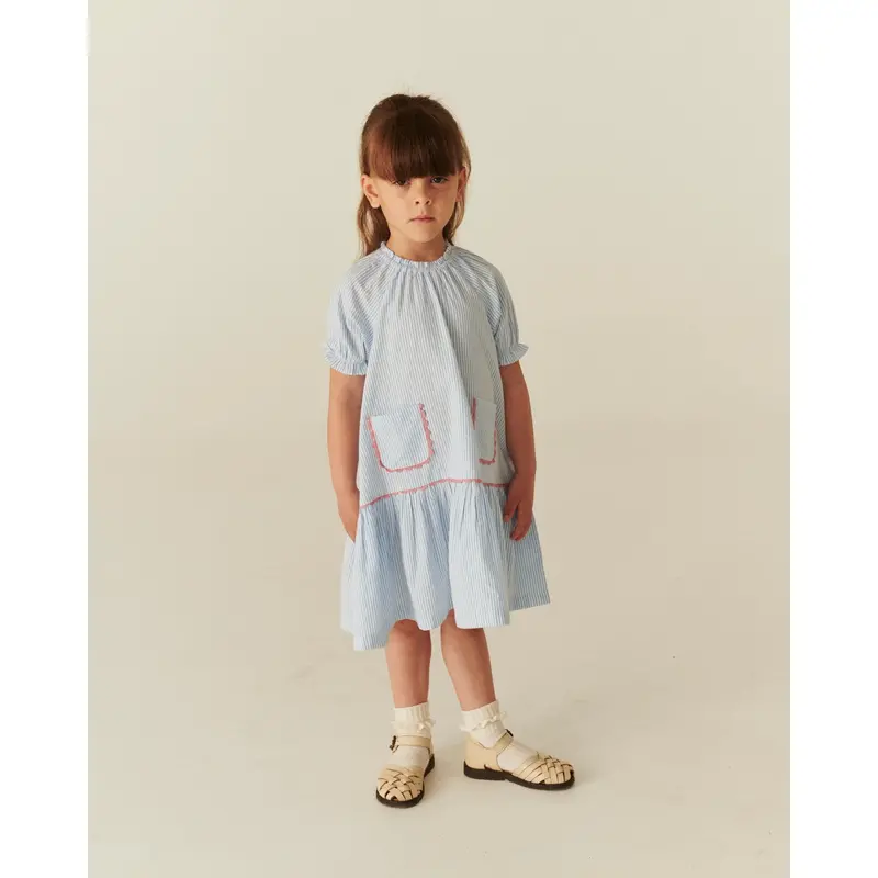 Copenhagen Colors Sky Blue W Cream Stripe Seersucker Kjole W. Pockets 2