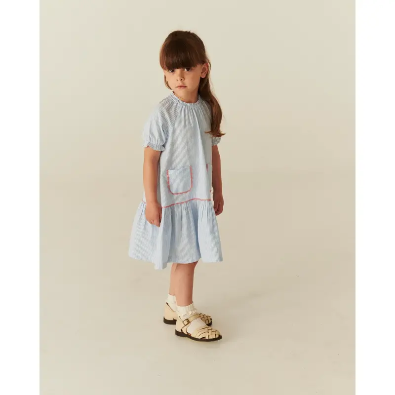 Copenhagen Colors Sky Blue W Cream Stripe Seersucker Kjole W. Pockets 5