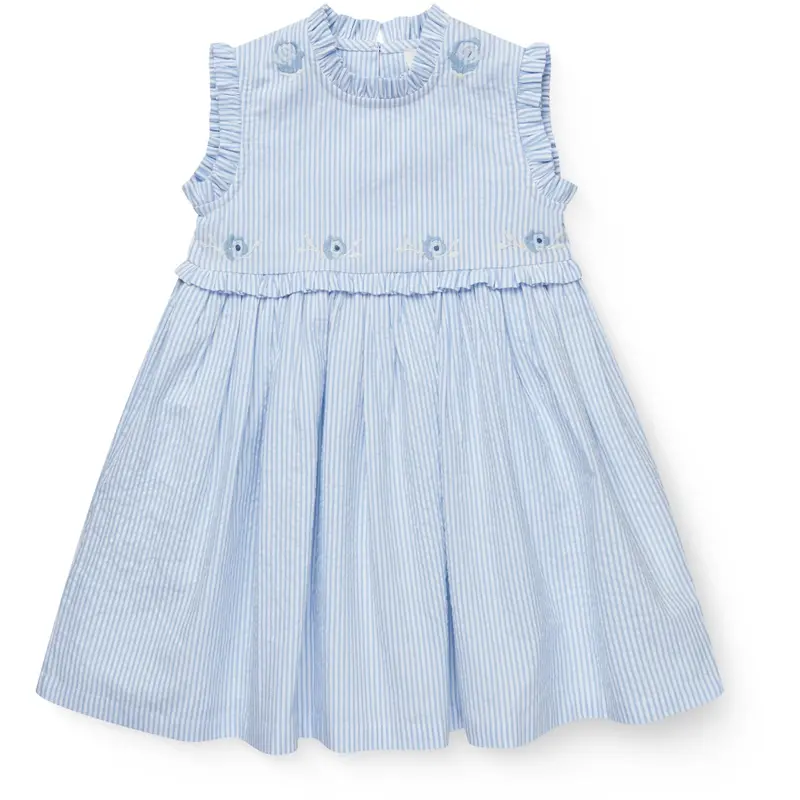 Copenhagen Colors Sky Blue W Cream Stripe Seersucker Kjole W. Ruffles Og Emb. 1