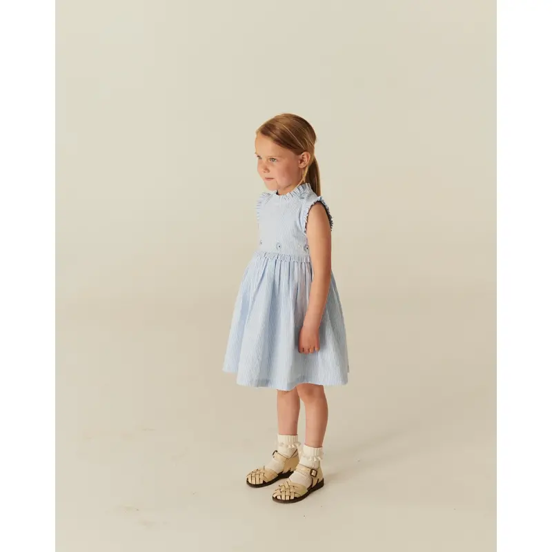Copenhagen Colors Sky Blue W Cream Stripe Seersucker Kjole W. Ruffles Og Emb. 3