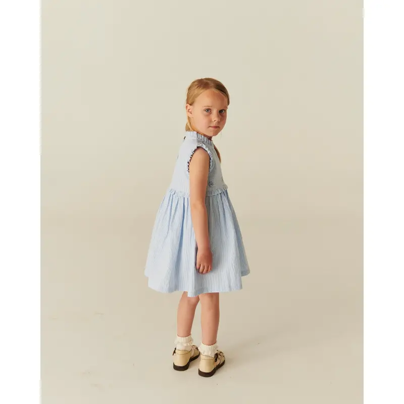 Copenhagen Colors Sky Blue W Cream Stripe Seersucker Kjole W. Ruffles Og Emb. 5