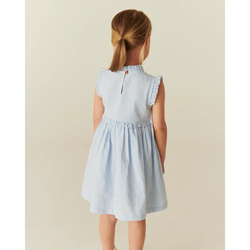 Copenhagen Colors Sky Blue W Cream Stripe Seersucker Kjole W. Ruffles Og Emb. 6
