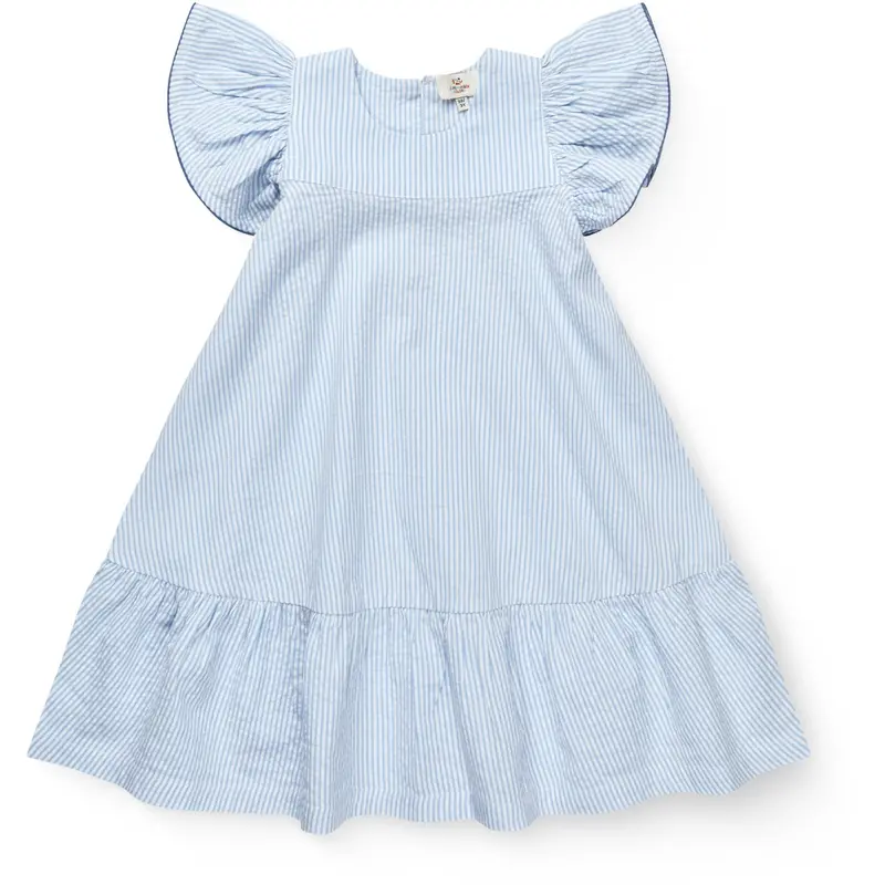 Copenhagen Colors Sky Blue W Cream Stripe W Ocean Blue Seersucker Kjole W. Flæse Ærmer 1