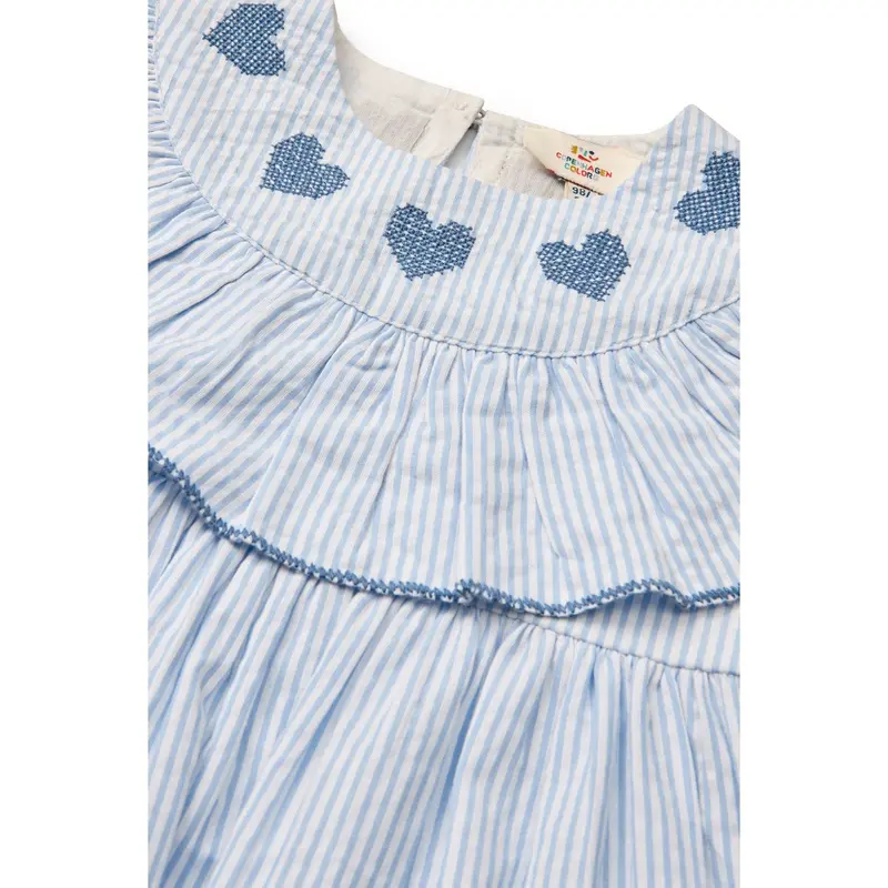 Copenhagen Colors Sky Blue W Cream Stripe W Ocean Blue Seersucker Kjole W. Heart 7