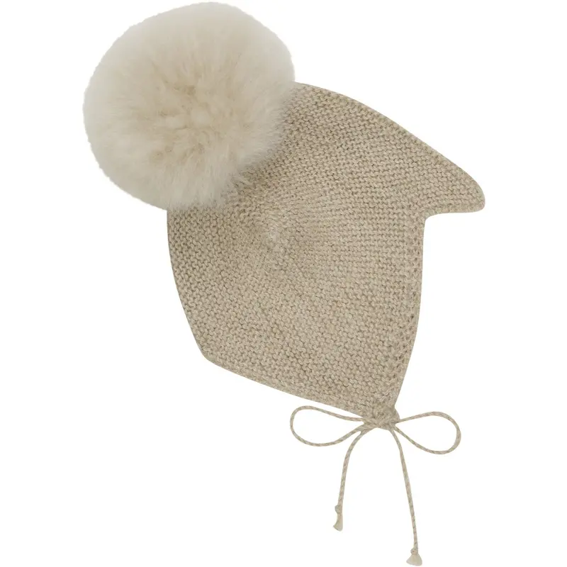Huttelihut Camel Melange Bonnet Uld Strik Alpaca Pompom 1