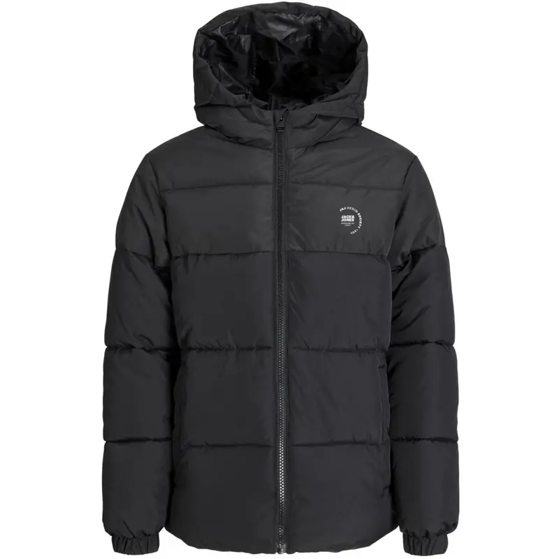 Jack & Jones Junior Black White Logo Jjmaze Logo Puffer Hætte Jnr 1