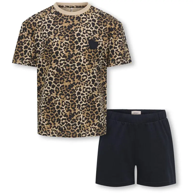 Kids Only Black Tee Aop Leo/Shorts Solid Kogrila Nightwear Aop Top/Shorts Sæt Jrs 1