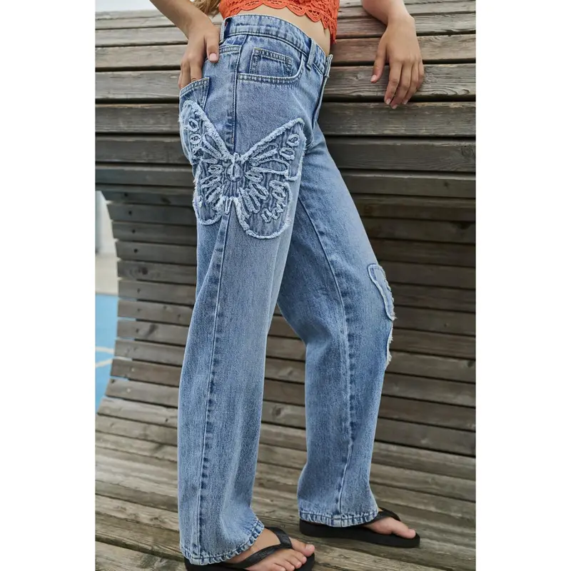 Kids Only Light Blue Denim Butterflies Jenna Butterfly Wide Jeans Denim 2
