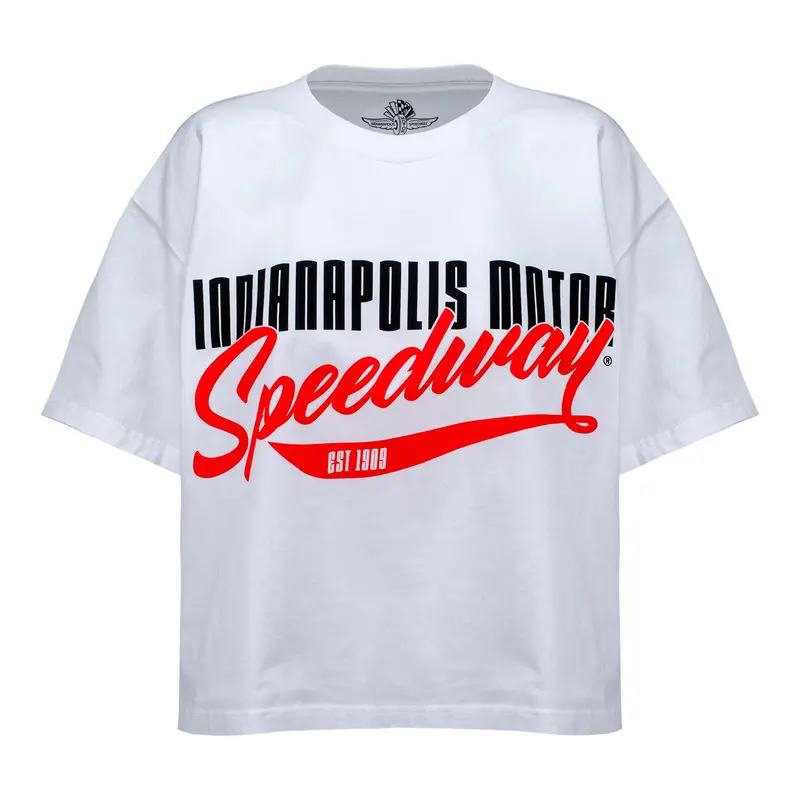 Ladies Indianapolis Motor Speedway Script Boxy Crop Tee 1