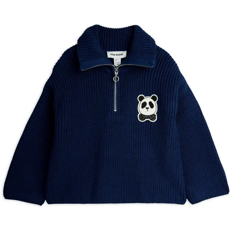 Mini Rodini Blue Panda Patch Chunky Strik Half Zip Sweater 1