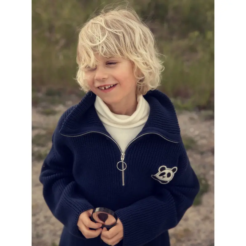 Mini Rodini Blue Panda Patch Chunky Strik Half Zip Sweater 2