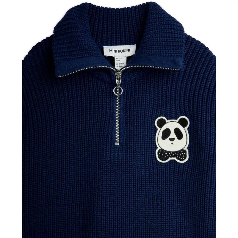 Mini Rodini Blue Panda Patch Chunky Strik Half Zip Sweater 4