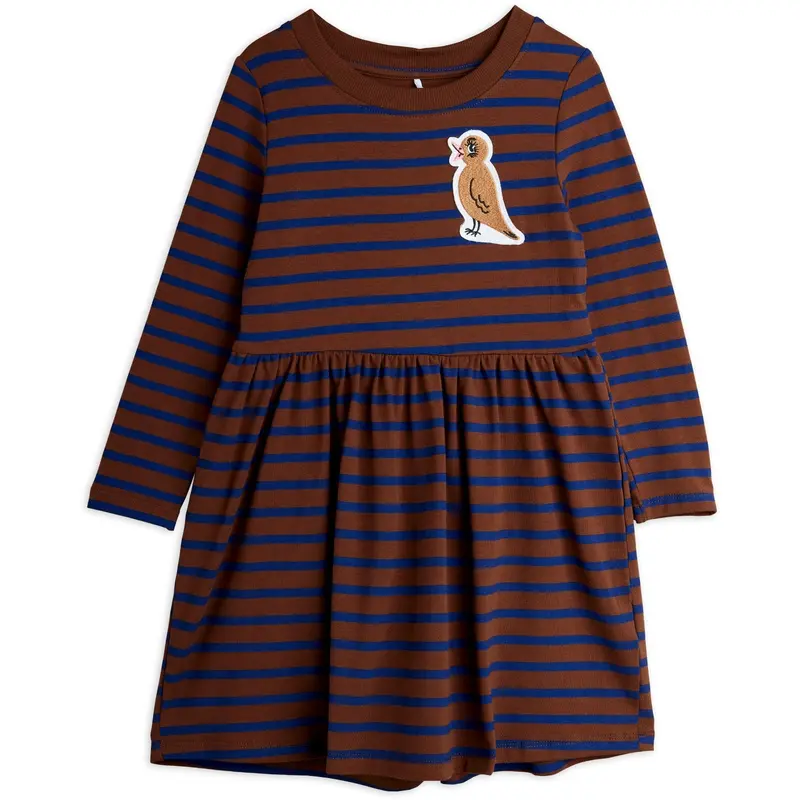 Mini Rodini Brown Stripe Bird Patch Ls Kjole 1