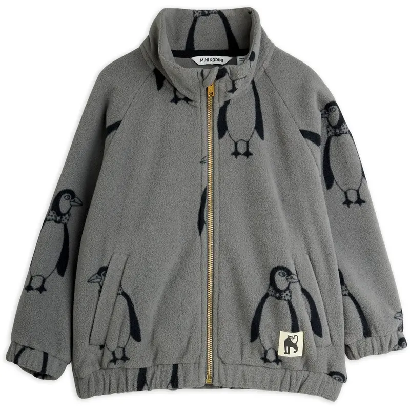 Mini Rodini Grey Penguin Aop Fleece Jakke 1