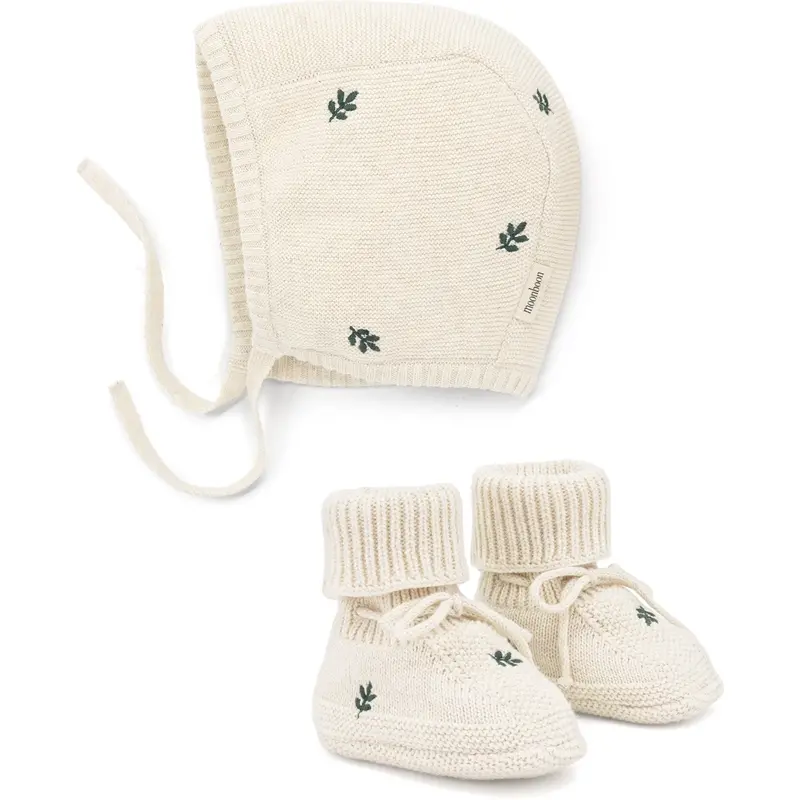 Moonboon Leaf Strikket Bonnet Og Booties Gaveæske 1