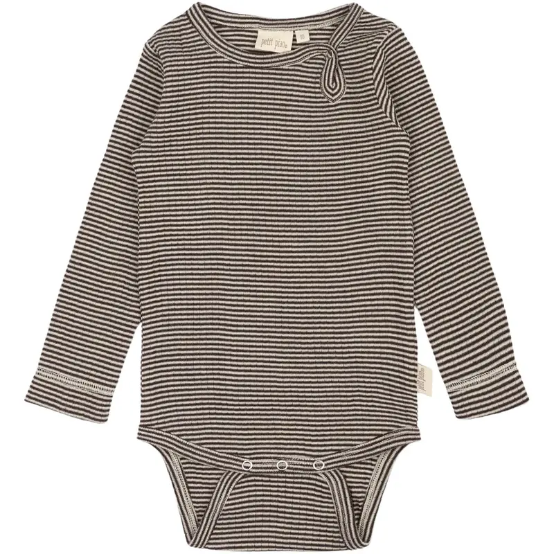 Petit Piao Coffee Bean/Dark Off White Ppdante Body L/S Merino Uld Striped 1