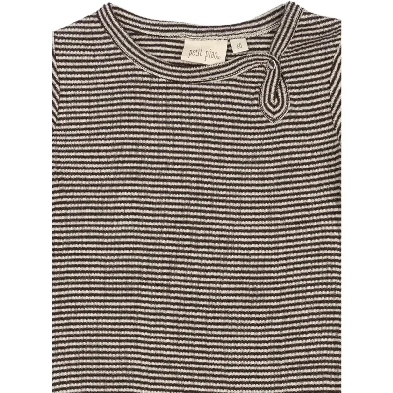 Petit Piao Coffee Bean/Dark Off White Ppdante Body L/S Merino Uld Striped 2