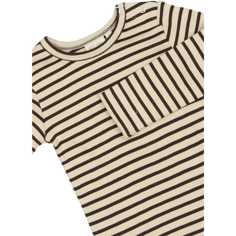Petit Piao Coffee Bean/Off White T-Shirt L/S Modal Striped 2