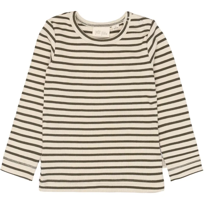 Petit Piao Green Leaf/Off White T-Shirt L/S Modal Striped 1