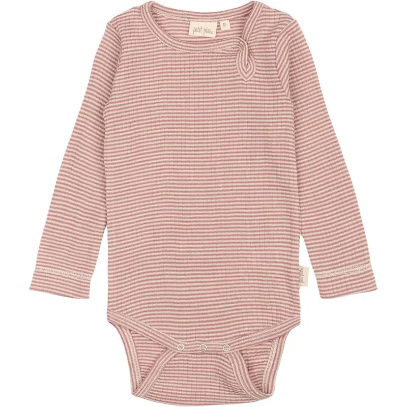 Petit Piao Nostalgic Rose/Dark Off White Ppdante Body L/S Merino Uld Striped 1