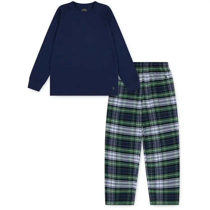 Polo Ralph Lauren White Gordon Plaid L/S Tee & Woven Pant Sæt 1