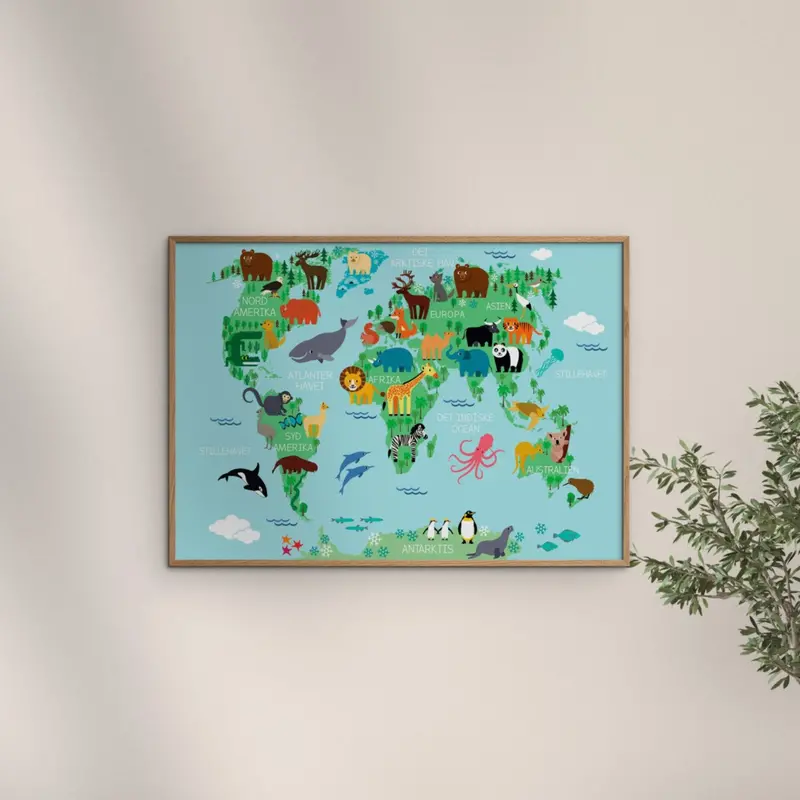 Poster & Frame Citatplakat - Verdenskort Plakat Med Dyr Til Børn 2